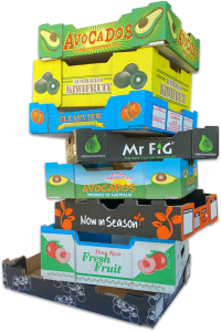 a stack of 8 cardboard custom fruit cartons in various designs