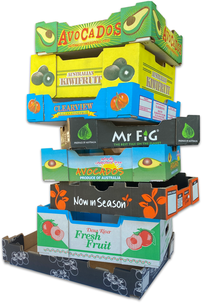 a stack of 8 cardboard custom fruit cartons in various designs